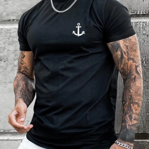 Erkek Tişörtleri Fit Crew Yaka Kısa Kollu Grafik Tişört Çapa Lacivert Rahat Y