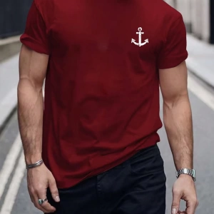 Erkek Tişörtleri Fit Crew Yaka Kısa Kollu Grafik Tişört Çapa Lacivert Rahat Y