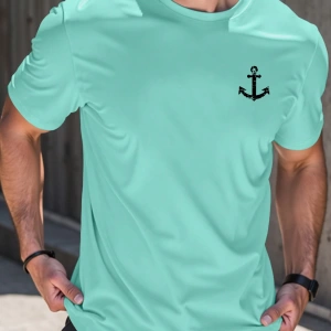 Erkek Tişörtleri Fit Crew Yaka Kısa Kollu Grafik Tişört Çapa Lacivert Rahat Y