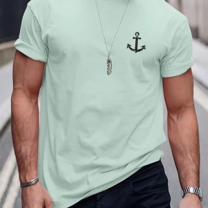 Erkek Tişörtleri Fit Crew Yaka Kısa Kollu Grafik Tişört Çapa Lacivert Rahat Y