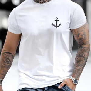 Erkek Tişörtleri Fit Crew Yaka Kısa Kollu Grafik Tişört Çapa Lacivert Rahat Y