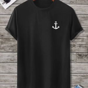 Erkek Tişörtleri Fit Crew Yaka Kısa Kollu Grafik Tişört Çapa Lacivert Rahat Y