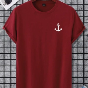 Erkek Tişörtleri Fit Crew Yaka Kısa Kollu Grafik Tişört Çapa Lacivert Rahat Y