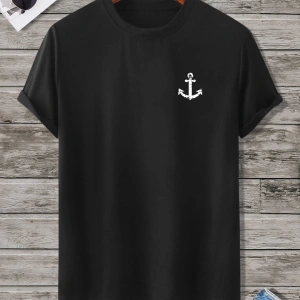 Erkek Tişörtleri Fit Crew Yaka Kısa Kollu Grafik Tişört Çapa Lacivert Rahat Y
