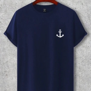 Erkek Tişörtleri Fit Crew Yaka Kısa Kollu Grafik Tişört Çapa Lacivert Rahat Y