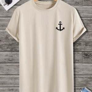 Erkek Tişörtleri Fit Crew Yaka Kısa Kollu Grafik Tişört Çapa Lacivert Rahat Y