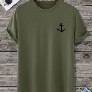 Erkek Tişörtleri Fit Crew Yaka Kısa Kollu Grafik Tişört Çapa Lacivert Rahat Y