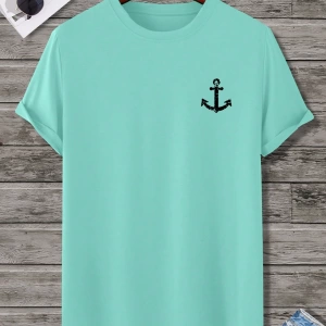 Erkek Tişörtleri Fit Crew Yaka Kısa Kollu Grafik Tişört Çapa Lacivert Rahat Y