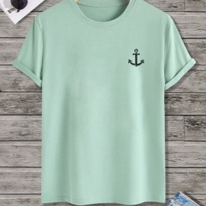 Erkek Tişörtleri Fit Crew Yaka Kısa Kollu Grafik Tişört Çapa Lacivert Rahat Y