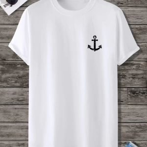 Erkek Tişörtleri Fit Crew Yaka Kısa Kollu Grafik Tişört Çapa Lacivert Rahat Y
