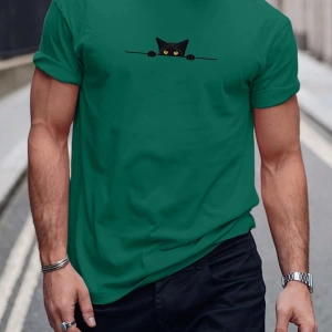 Erkek Tişörtleri Fit Crew Yaka Kısa Kollu Grafik Tişört Kedi Komik Rahat Yaz