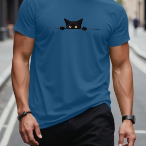 Erkek Tişörtleri Fit Crew Yaka Kısa Kollu Grafik Tişört Kedi Komik Rahat Yaz
