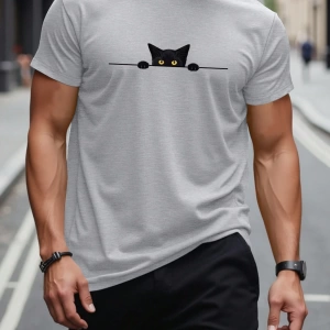 Erkek Tişörtleri Fit Crew Yaka Kısa Kollu Grafik Tişört Kedi Komik Rahat Yaz