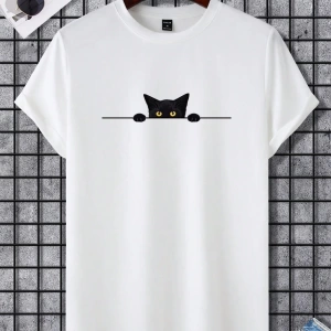Erkek Tişörtleri Fit Crew Yaka Kısa Kollu Grafik Tişört Kedi Komik Rahat Yaz