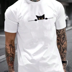 Erkek Tişörtleri Fit Crew Yaka Kısa Kollu Grafik Tişört Kedi Komik Rahat Yaz