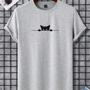 Erkek Tişörtleri Fit Crew Yaka Kısa Kollu Grafik Tişört Kedi Komik Rahat Yaz