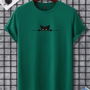 Erkek Tişörtleri Fit Crew Yaka Kısa Kollu Grafik Tişört Kedi Komik Rahat Yaz