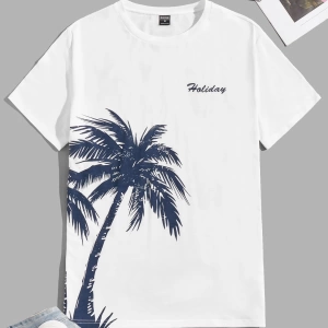 Erkek Tişörtleri Fit Crew Yaka Kısa Kollu Grafik Tişört Palmiye Ağacı Rahat Mo