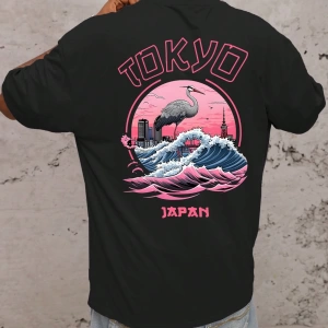 Erkek Tokyo Romantik Gün Batımı Grafik Rahat Kısa Kollu Tişört, Arkadaşlar İç