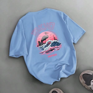 Erkek Tokyo Romantik Gün Batımı Grafik Rahat Kısa Kollu Tişört, Arkadaşlar İç