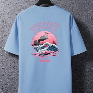 Erkek Tokyo Romantik Gün Batımı Grafik Rahat Kısa Kollu Tişört, Arkadaşlar İç