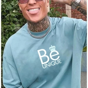 Erkek Turkuaz Be Unique Baskılı Oversize Bisiklet Yaka Kısa Kollu T-shirt