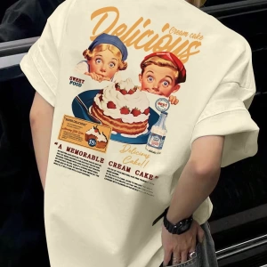 Erkek Vintage Eğlenceli Baskılı Düşük Omuz Kısa Kollu Tişört, Erkek Arkada