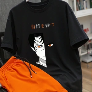 Erkek Yaz Anime Karakter Baskılı Yuvarlak Yaka Kısa Kollu Rahat Tişört Ve Ba