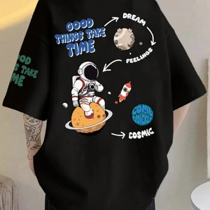 Erkek Yaz Astronot Desen Baskılı Rahat Kısa Kollu Yuvarlak Yaka Tişört