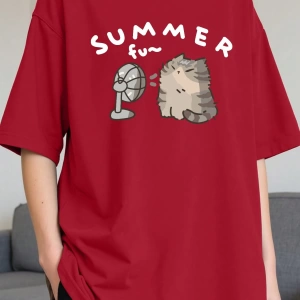 Erkek Yaz Rahat Kesim Sevimli Karikatür Kedi Grafik Baskılı Yuvarlak Yaka