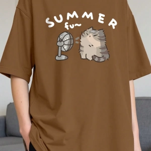 Erkek Yaz Rahat Kesim Sevimli Karikatür Kedi Grafik Baskılı Yuvarlak Yaka
