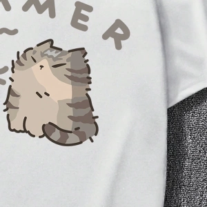 Erkek Yaz Rahat Kesim Sevimli Karikatür Kedi Grafik Baskılı Yuvarlak Yaka