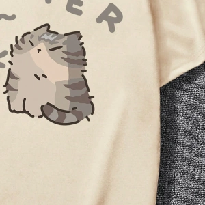 Erkek Yaz Rahat Kesim Sevimli Karikatür Kedi Grafik Baskılı Yuvarlak Yaka