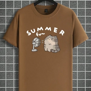 Erkek Yaz Rahat Kesim Sevimli Karikatür Kedi Grafik Baskılı Yuvarlak Yaka