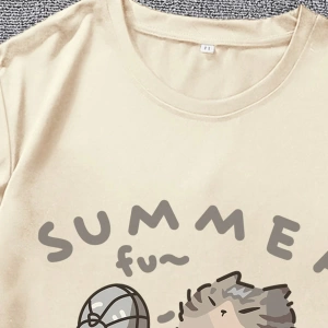 Erkek Yaz Rahat Kesim Sevimli Karikatür Kedi Grafik Baskılı Yuvarlak Yaka