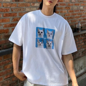 Erkek Yazlık Rahat Kedi Baskılı Büyük Boy Kısa Kollu Tişört