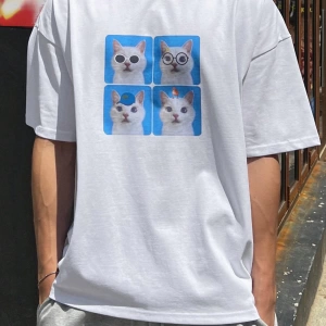 Erkek Yazlık Rahat Kedi Baskılı Büyük Boy Kısa Kollu Tişört