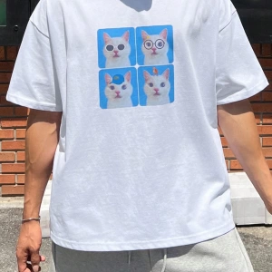 Erkek Yazlık Rahat Kedi Baskılı Büyük Boy Kısa Kollu Tişört