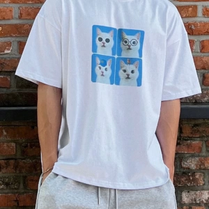 Erkek Yazlık Rahat Kedi Baskılı Büyük Boy Kısa Kollu Tişört