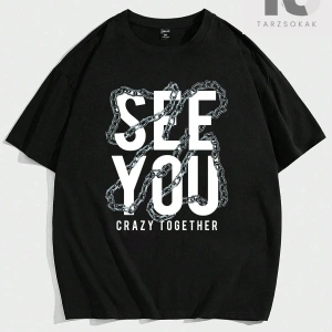 Erkek Zincir ve Harf Baskılı Yuvarlak Yaka Kısa Kollu Tişört