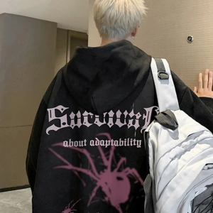 Erkekler için gotik Anime örümcek baskı kapüşonlu eşofman üstü Harajuku Streetwear grafik süe