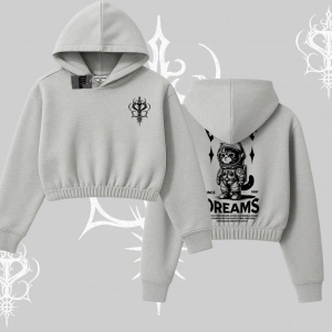 Everyone Has Dreams Yazılı Astronot Kedi Arka Baskılı Kapşonlu Crop Sweatshirt