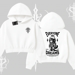 Everyone Has Dreams Yazılı Astronot Kedi Arka Baskılı Kapşonlu Crop Sweatshirt