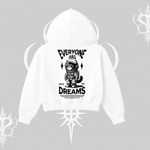 Everyone Has Dreams Yazılı Astronot Kedi Arka Baskılı Kapşonlu Crop Sweatshirt