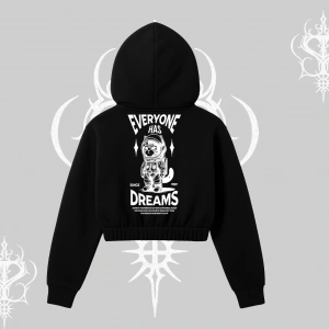 Everyone Has Dreams Yazılı Astronot Kedi Arka Baskılı Kapşonlu Crop Sweatshirt