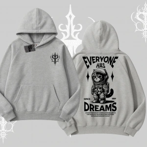 Everyone Has Dreams Yazılı Astronot Kedi Arka Baskılı Kapşonlu Sweatshirt