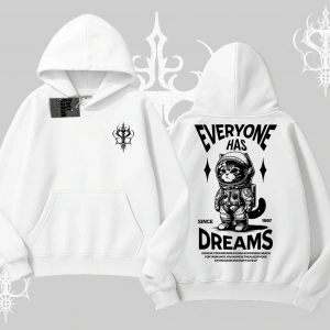 Everyone Has Dreams Yazılı Astronot Kedi Arka Baskılı Kapşonlu Sweatshirt
