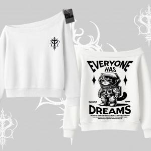 Everyone Has Dreams Yazılı Astronot Kedi Arka Baskılı Kayık Yaka Sweatshirt
