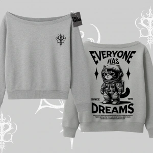 Everyone Has Dreams Yazılı Astronot Kedi Arka Baskılı Kayık Yaka Sweatshirt