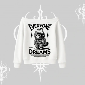 Everyone Has Dreams Yazılı Astronot Kedi Arka Baskılı Kayık Yaka Sweatshirt